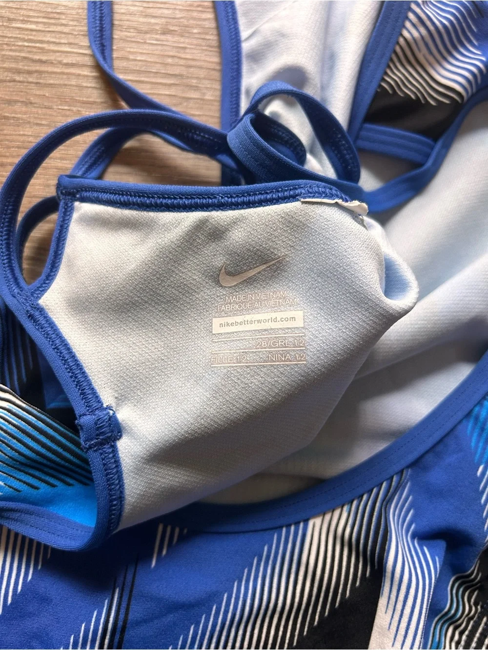 Nike Girls One Piece Swimsuit Size 12 Blue Black White Geometric Crossback